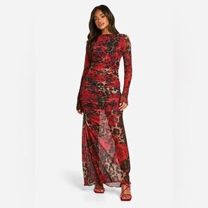 Boohoo Mixed Leopard Ruched Mesh Maxi Dress